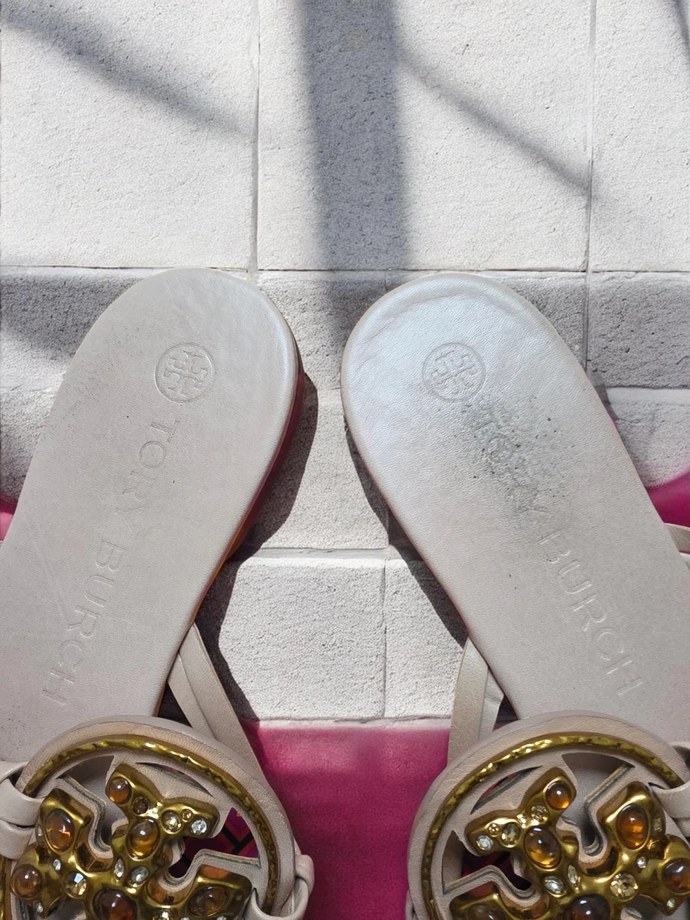 Tory Burch Light Taupe Miller Thong Sandals with Gold Logo Medallions